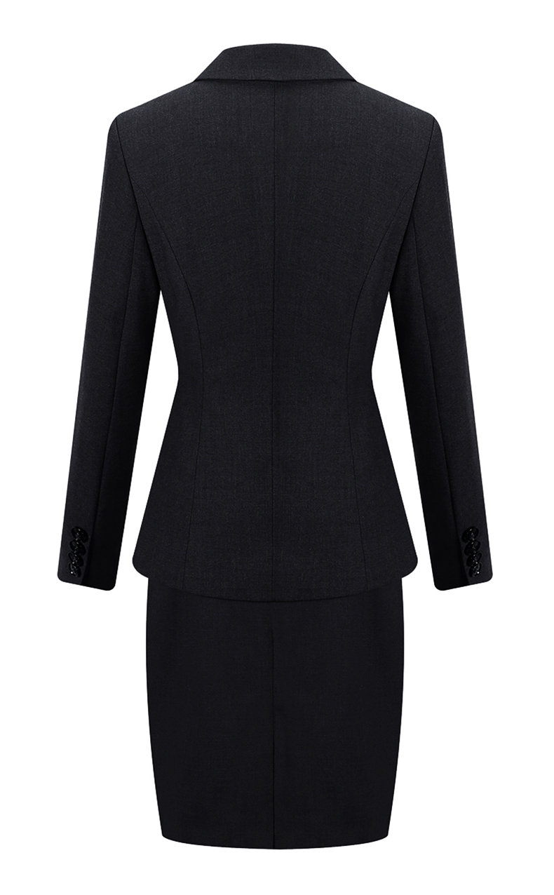 女士行政黑色職業(yè)裝套裝領(lǐng)型細(xì)節(jié)圖展示  女士行政黑色職業(yè)裝套裝口袋細(xì)節(jié)圖展示  女士行政黑色職業(yè)裝套裝背面圖片